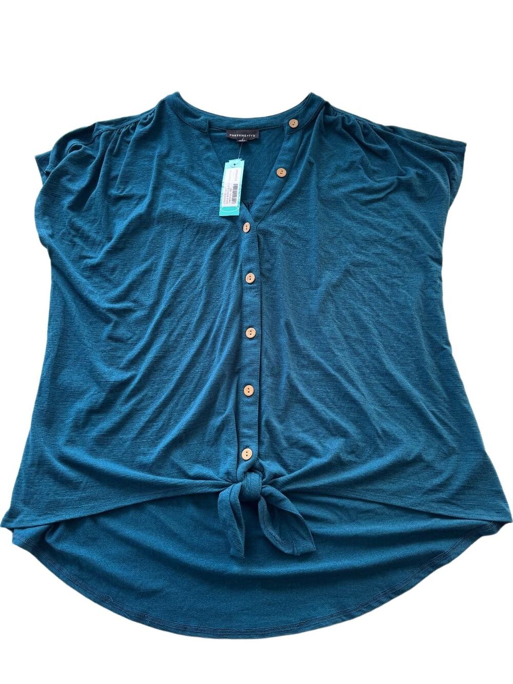Fortune + Ivy Esther Button Up Front Knot Knit Top Womens XXL Teal Green NWT